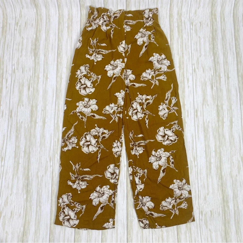 Zara Golden Yellow Floral Print Linen Blend High Waist Pants